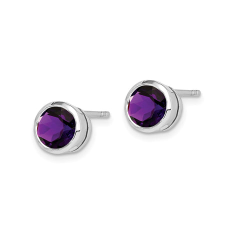 Sterling Silver Amethyst Stud Earrings Bezel Set Round Gem