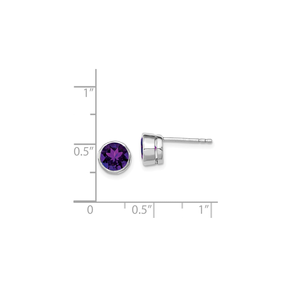 Sterling Silver Amethyst Stud Earrings Bezel Set Round Gem