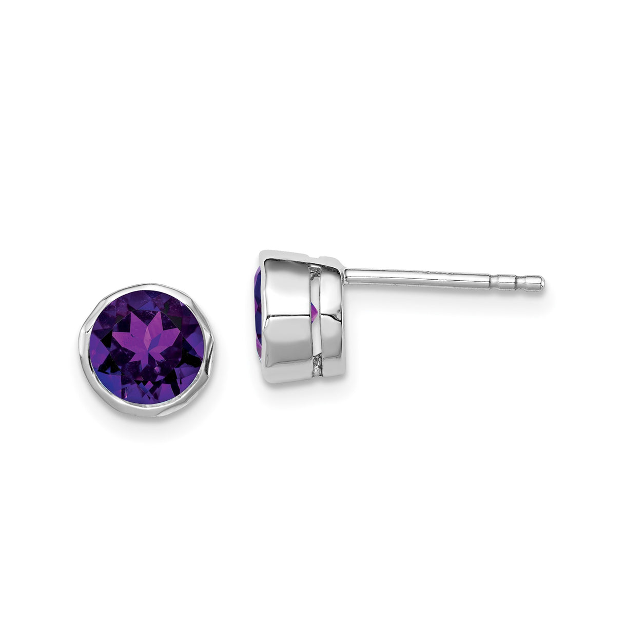 Sterling Silver Stud Earrings with Round Cut Purple Gemstones in Bezel Setting, Amethyst Studs for Women, Elegant Minimal Design for Daily Wear or Evening, Silver Jewelry with Post Back Studs