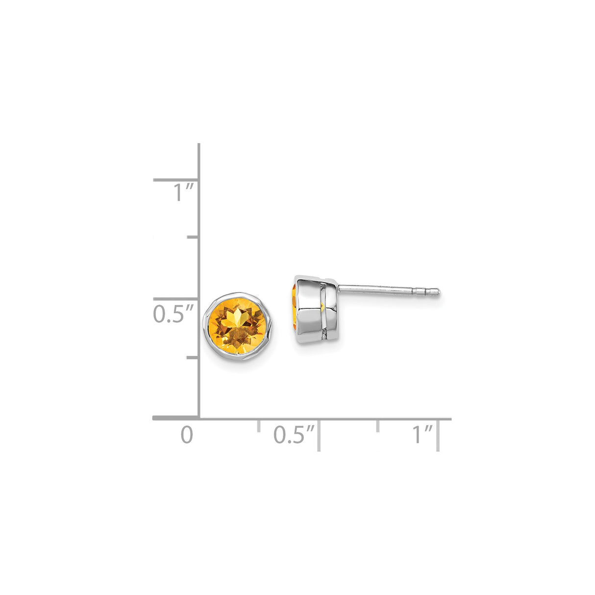 Sterling Silver Stud Earrings with Round Citrine in Bezel Setting, Minimalist Circle Style