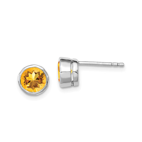 Sterling Silver Stud Earrings with Round Citrine in Bezel Setting, Minimalist Circle Style