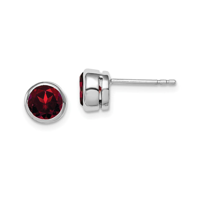 Sterling Silver Garnet Stud Earrings, Round Bezel Set January Birthstone Jewelry for Women
