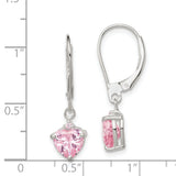 Sterling Silver Heart Leverback Earrings with Pink Cubic Zirconia Dangle Design for Women