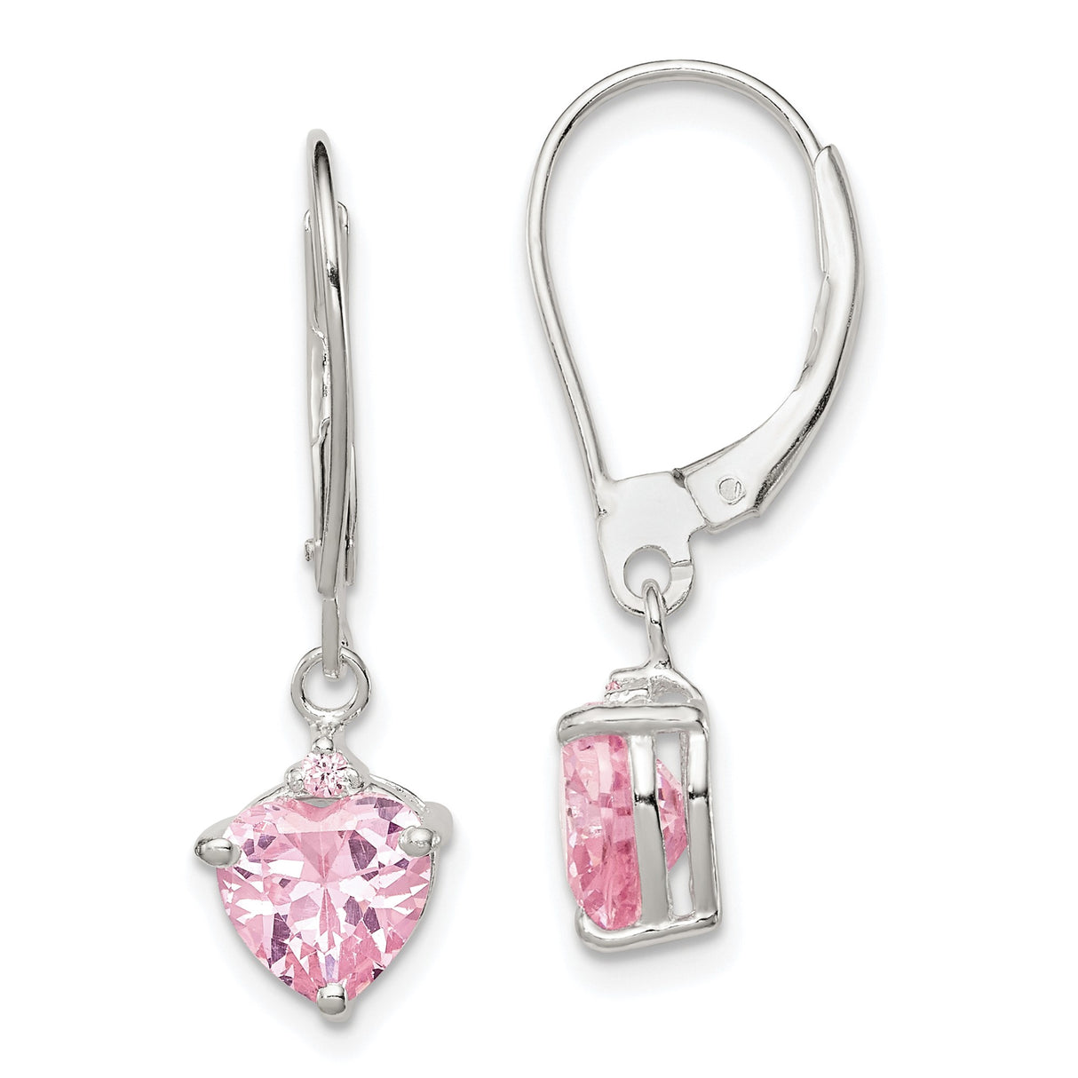 Sterling Silver Heart Leverback Earrings with Pink Cubic Zirconia Dangle Design for Women