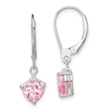 Sterling Silver Heart Leverback Earrings with Pink Cubic Zirconia Dangle Design for Women