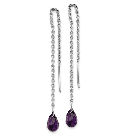 Sterling Silver Threader Earrings with Amethyst Teardrop, Long Minimalist Dangle Design