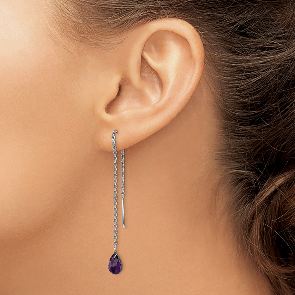 Sterling Silver Threader Earrings with Amethyst Teardrop, Long Minimalist Dangle Design