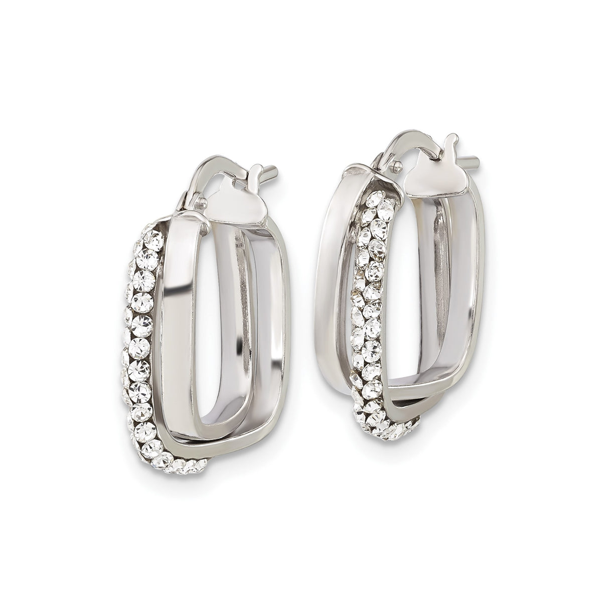 Sterling Silver Hoop Earrings with Cubic Zirconia, Square Shape, Hinged Closure