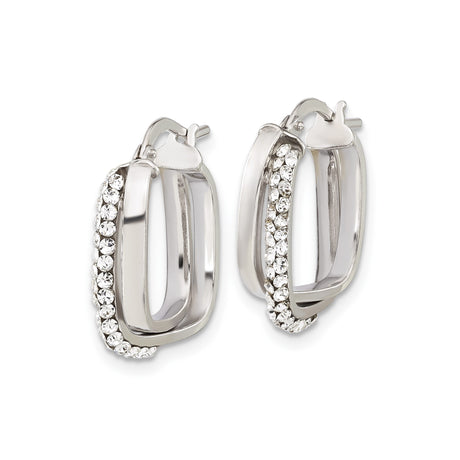 Sterling Silver Hoop Earrings with Cubic Zirconia, Square Shape, Hinged Closure