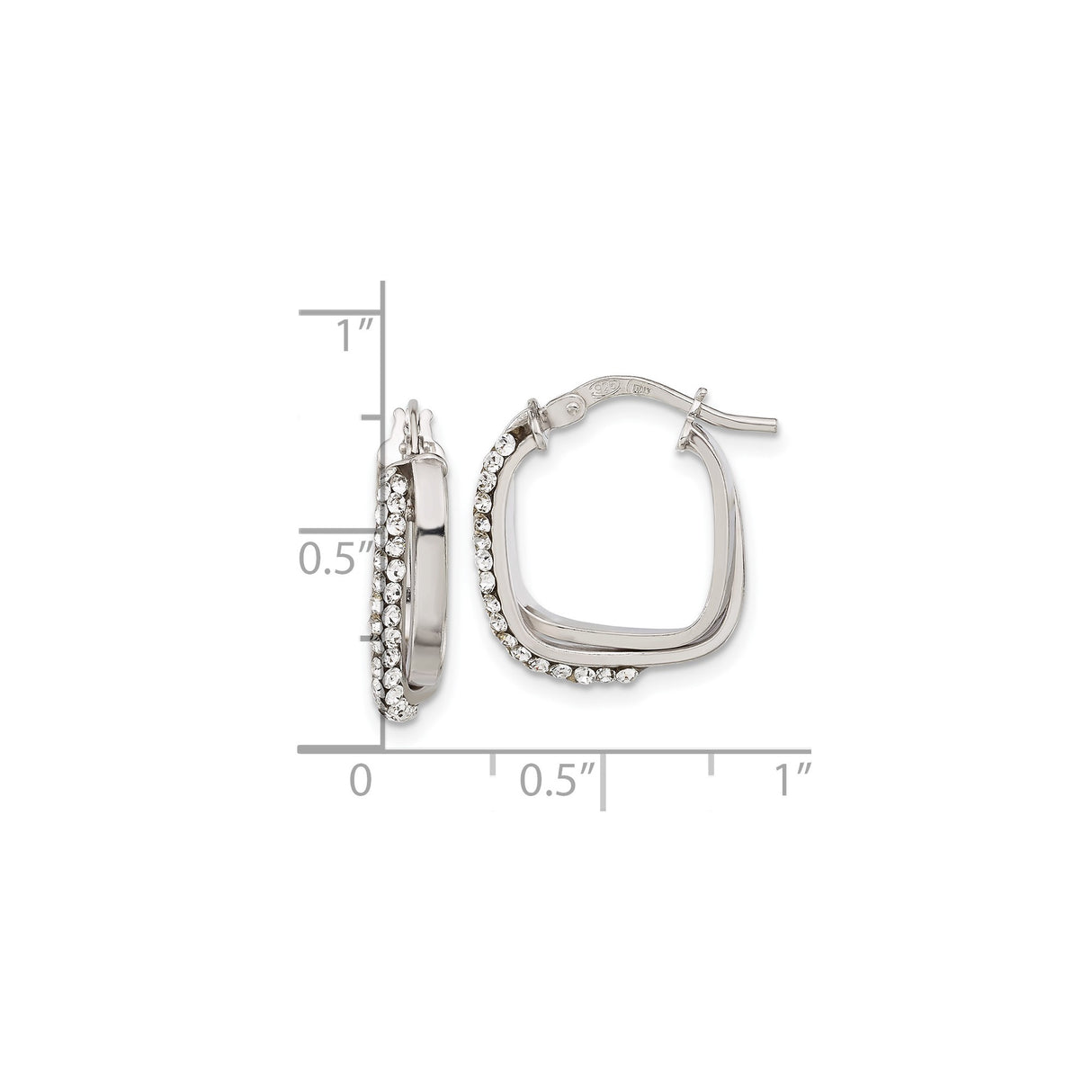 Sterling Silver Hoop Earrings with Cubic Zirconia, Square Shape, Hinged Closure