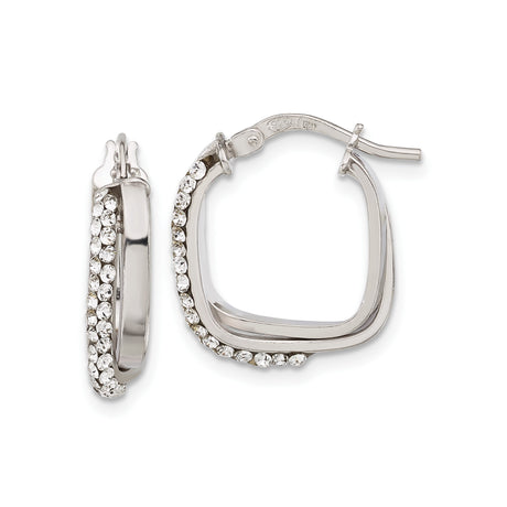 Sterling Silver Hoop Earrings with Cubic Zirconia, Square Shape, Hinged Closure