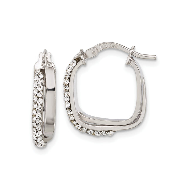 Sterling Silver Hoop Earrings with Cubic Zirconia, Square Shape, Hinged Closure