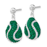 Sterling Silver Drop Earrings with Green and White Crystals, Abstract Wavy Design