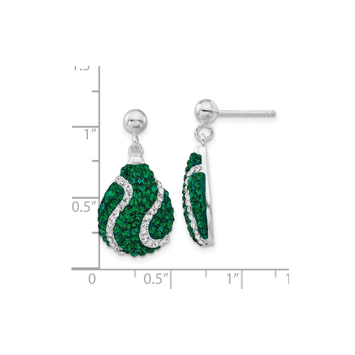 Sterling Silver Drop Earrings with Green and White Crystals, Abstract Wavy Design