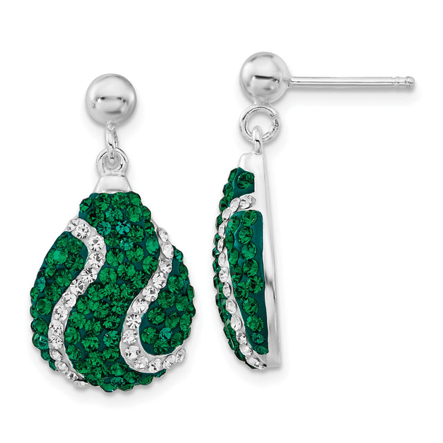 Sterling Silver Drop Earrings with Green and White Crystals, Abstract Wavy Design