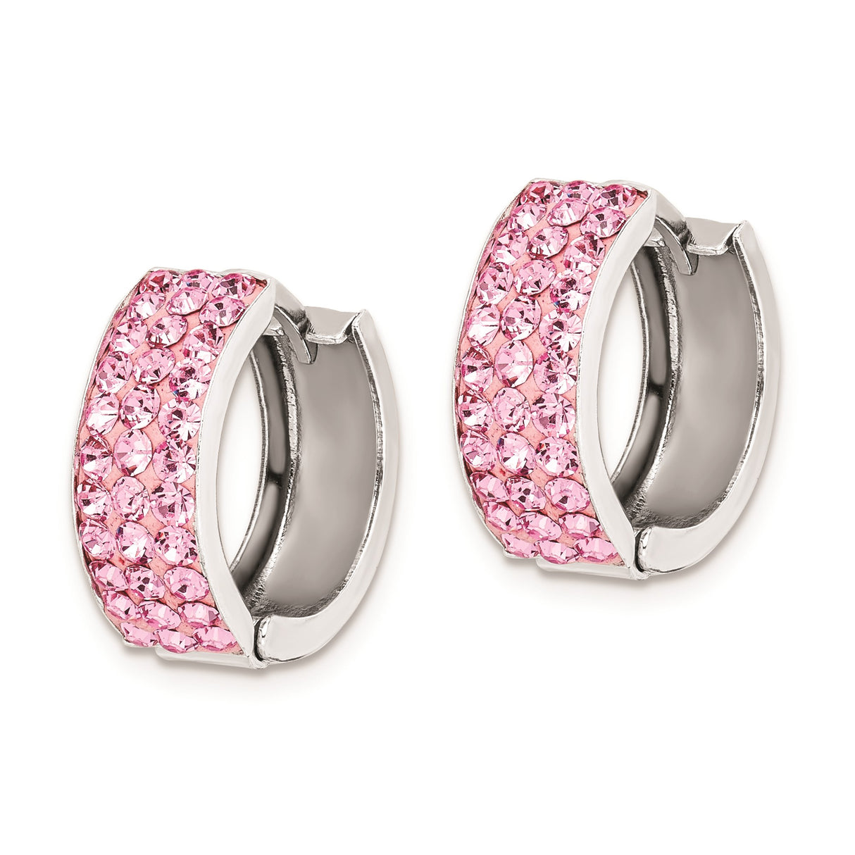 Sterling Silver Hoop Earrings with Pink Crystals, Pave Set Round Cut Lightweight Style