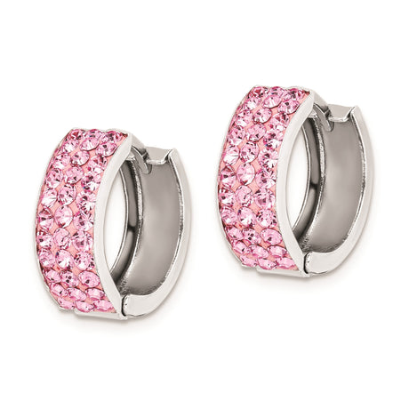 Sterling Silver Hoop Earrings with Pink Crystals, Pave Set Round Cut Lightweight Style