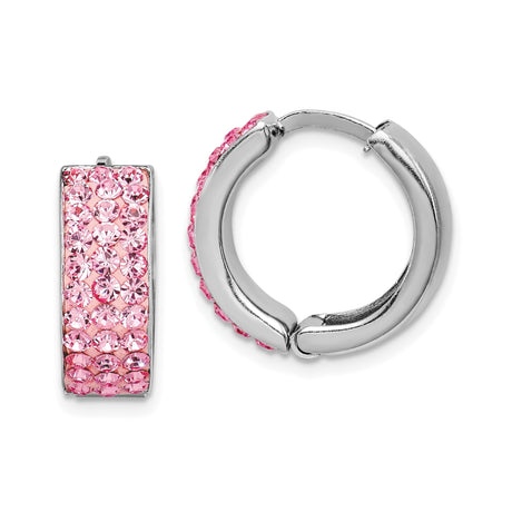 Sterling Silver Hoop Earrings with Pink Crystals, Pave Set Round Cut Lightweight Style