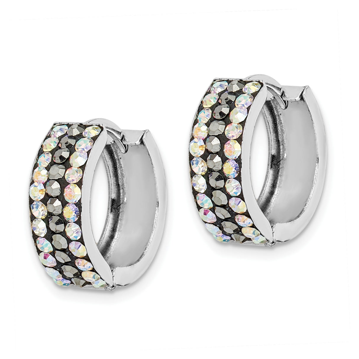 Sterling Silver Hoop Earrings with Multicolor Faceted Crystals, Iridescent Finish, Huggie Style