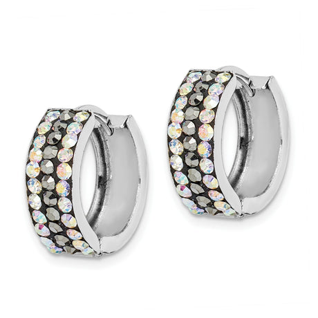 Sterling Silver Hoop Earrings with Multicolor Faceted Crystals, Iridescent Finish, Huggie Style