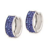Sterling Silver Hoop Earrings with Round Blue Crystals and Rectangular Front Panel