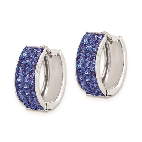 Sterling Silver Hoop Earrings with Round Blue Crystals and Rectangular Front Panel