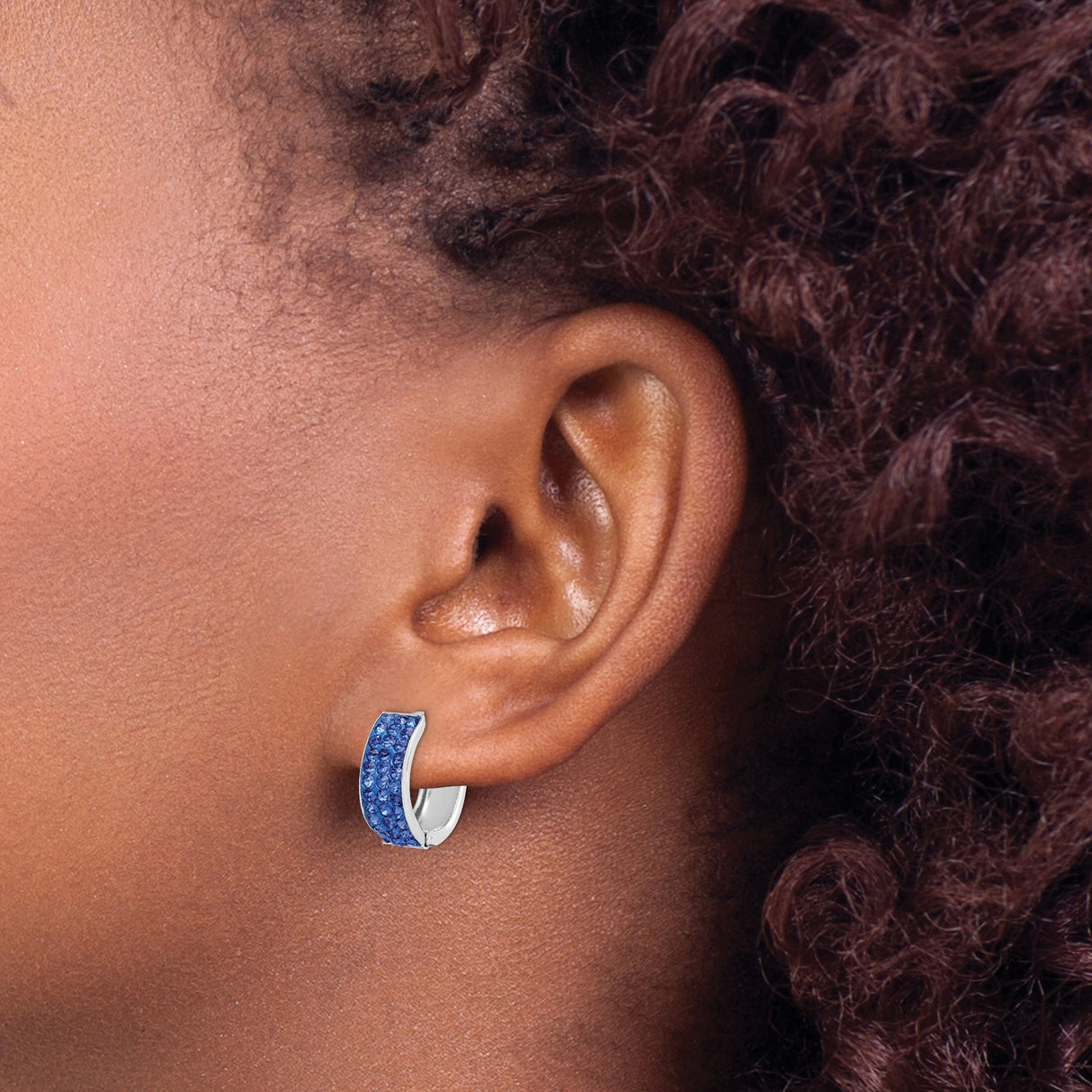 Sterling Silver Hoop Earrings with Round Blue Crystals and Rectangular Front Panel
