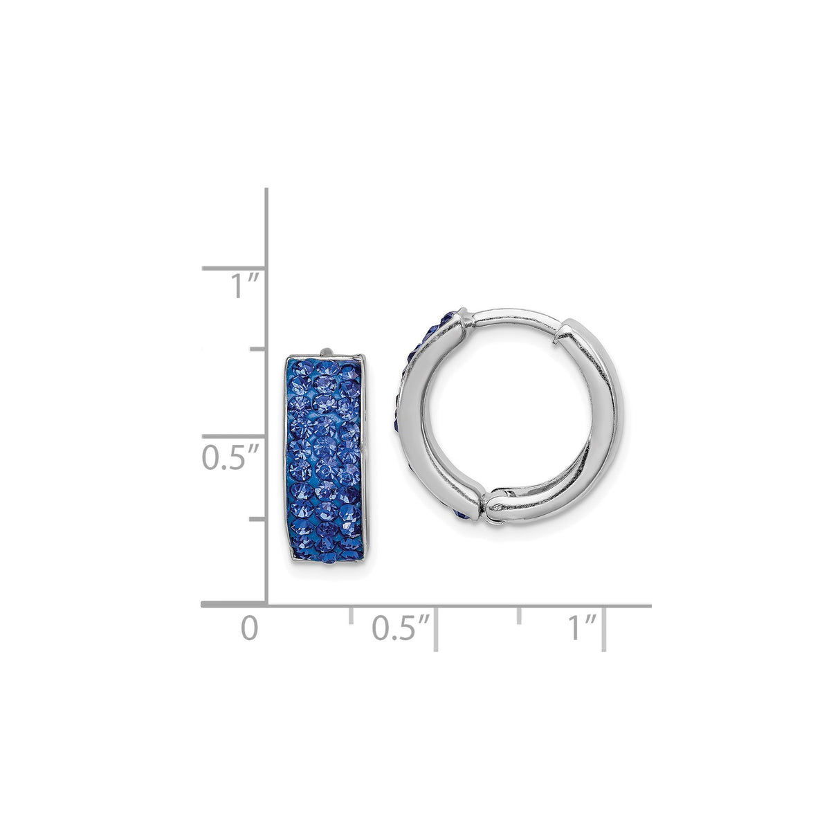 Sterling Silver Hoop Earrings with Round Blue Crystals and Rectangular Front Panel