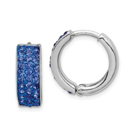 Sterling Silver Hoop Earrings with Round Blue Crystals and Rectangular Front Panel