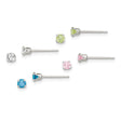 Sterling Silver Stud Earrings Set with Round Cut Cubic Zirconia in Blue, Green, Pink, and Clear