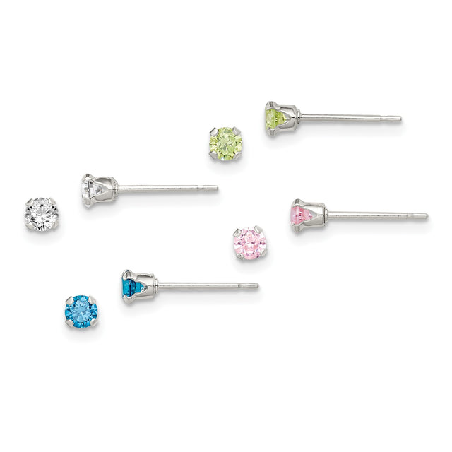 Sterling Silver Stud Earrings Set with Round Cut Cubic Zirconia in Blue, Green, Pink, and Clear