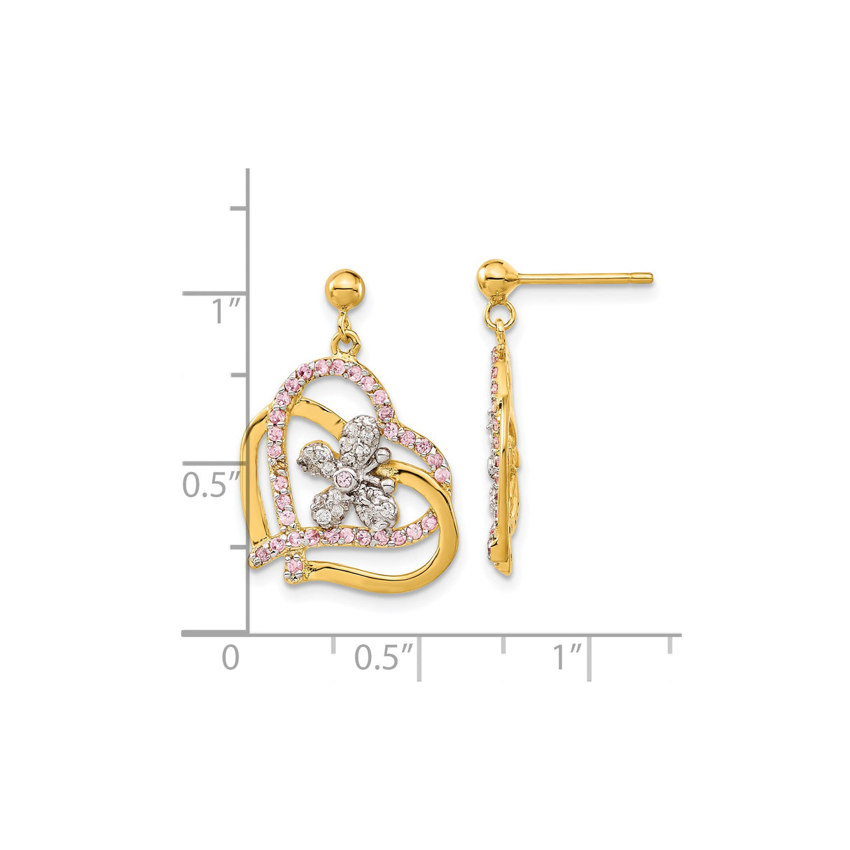 Sterling Silver Heart Shaped Drop Earrings with Pink and White Cubic Zirconia Floral Design