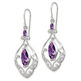 Sterling Silver Dangle Earrings with Marquise Cut Amethyst, Vintage Floral Filigree Design