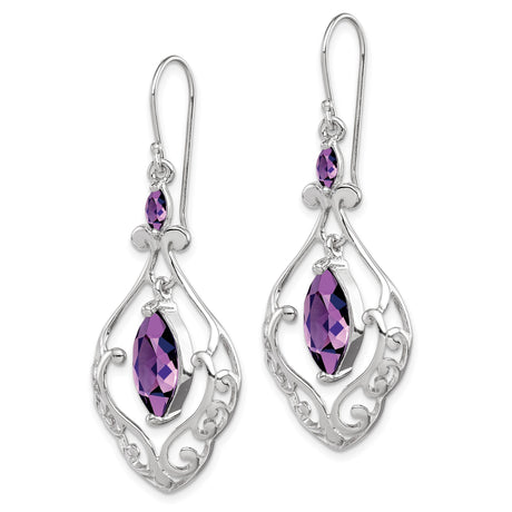 Sterling Silver Dangle Earrings with Marquise Cut Amethyst, Vintage Floral Filigree Design