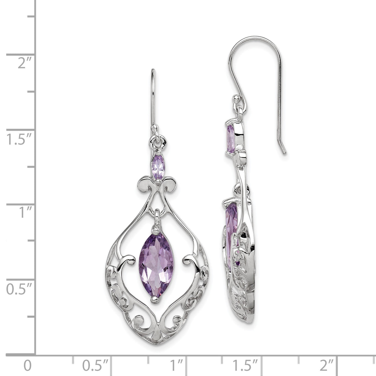 Sterling Silver Dangle Earrings with Marquise Cut Amethyst, Vintage Floral Filigree Design