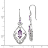 Sterling Silver Dangle Earrings with Marquise Cut Amethyst, Vintage Floral Filigree Design