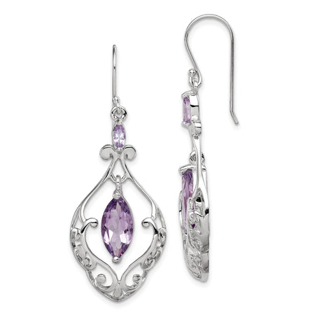 Sterling Silver Dangle Earrings with Marquise Cut Amethyst, Vintage Floral Filigree Design