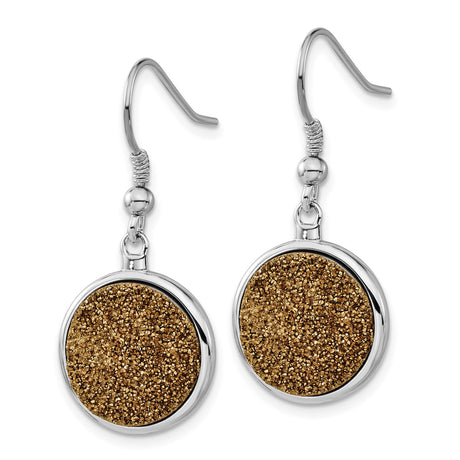 Sterling Silver Dangle Earrings with Golden Brown Druzy Quartz, Long Hook Drop Design