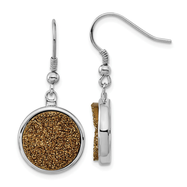 Sterling Silver Dangle Earrings with Golden Brown Druzy Quartz, Long Hook Drop Design