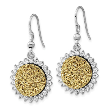 Sterling Silver Dangle Earrings with Gold-Tone Druzy, Cubic Zirconia Halo, Sunburst Design