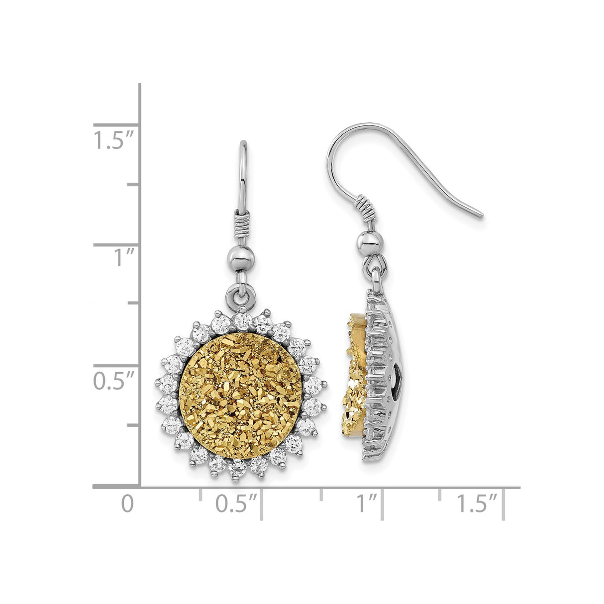 Sterling Silver Dangle Earrings with Gold-Tone Druzy, Cubic Zirconia Halo, Sunburst Design