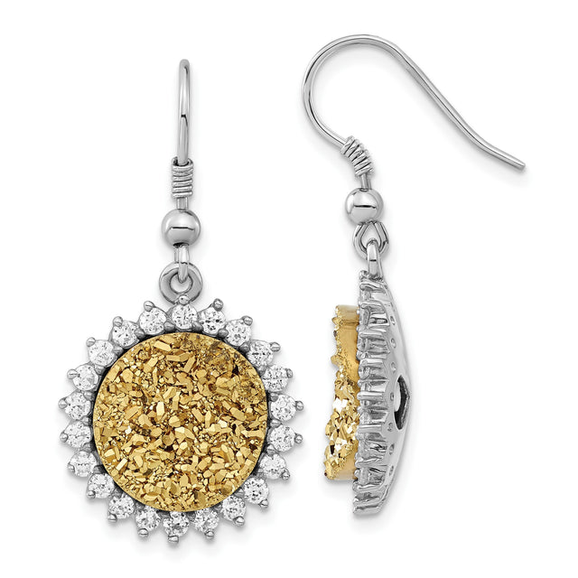 Sterling Silver Dangle Earrings with Gold-Tone Druzy, Cubic Zirconia Halo, Sunburst Design
