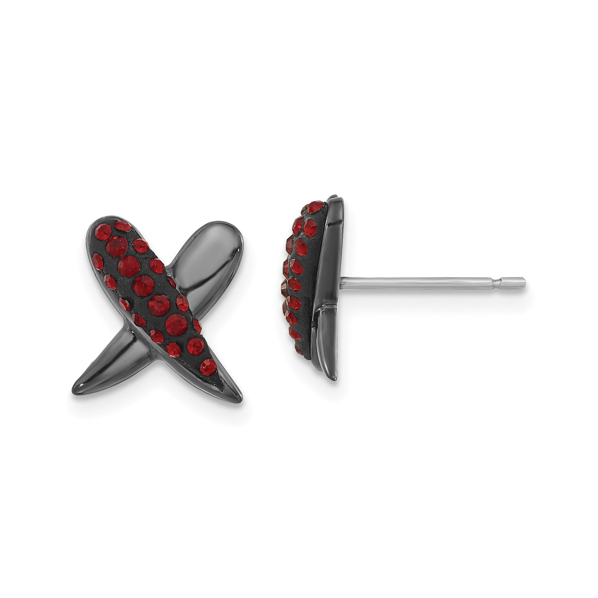 Sterling Silver X Shaped Stud Earrings with Red Crystal Accents and Black Finish, Fashion Forward Womens Studs for Romantic Looks, Modern Love Symbol Earrings, Trendy Hug Kiss Design Studs