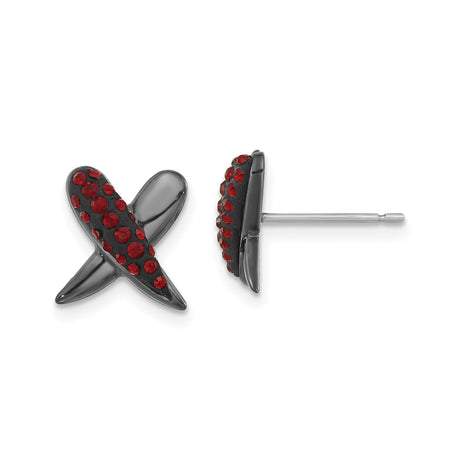 Sterling Silver X Shaped Stud Earrings with Red Crystal Accents and Black Finish, Fashion Forward Womens Studs for Romantic Looks, Modern Love Symbol Earrings, Trendy Hug Kiss Design Studs