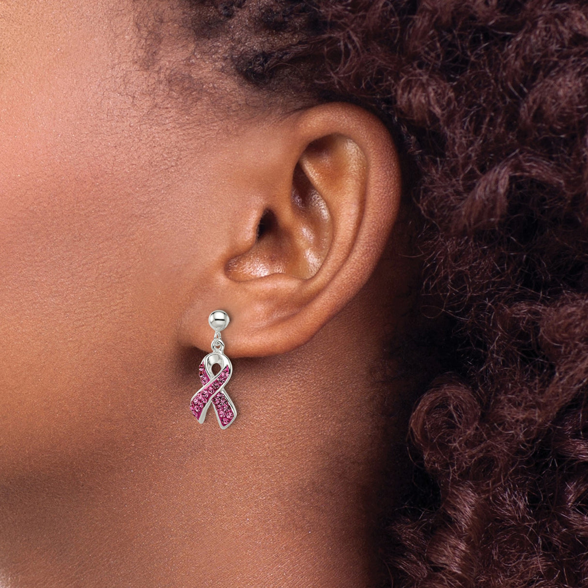 Sterling Silver Pink Ribbon Stud Earrings with Crystal Accents, Breast Cancer Awareness Jewelry