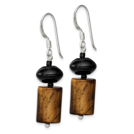 Sterling Silver Dangle Earrings with Tigers Eye and Black Onyx, Boho Earth Tone Jewelry for Women