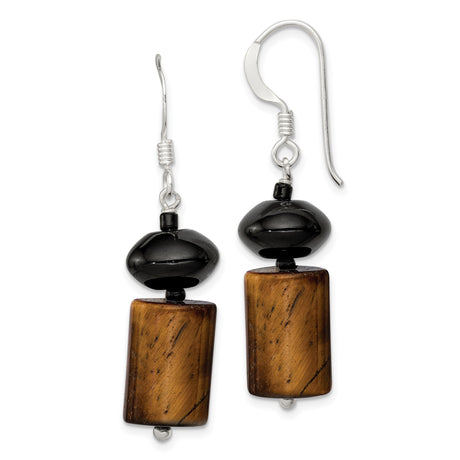Sterling Silver Dangle Earrings with Tigers Eye and Black Onyx, Boho Earth Tone Jewelry for Women