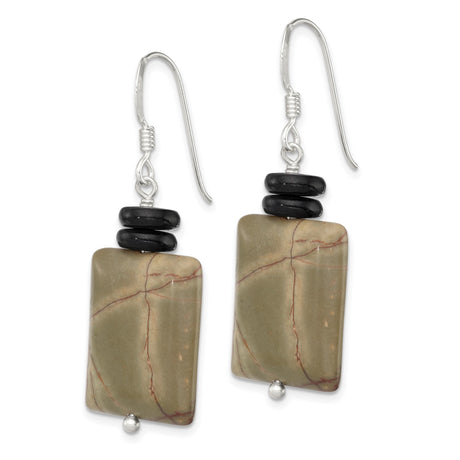 Sterling Silver Dangle Earrings with Jasper and Mother of Pearl, Boho Artisan Style