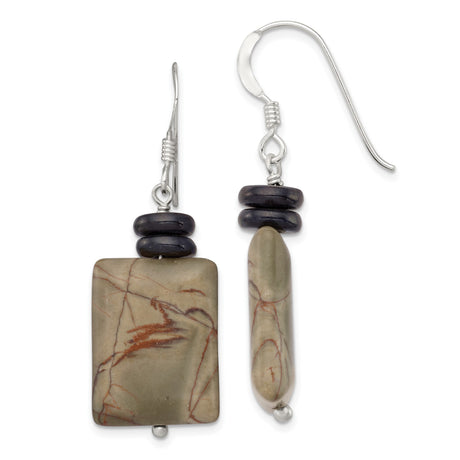 Sterling Silver Dangle Earrings with Jasper and Mother of Pearl, Boho Artisan Style