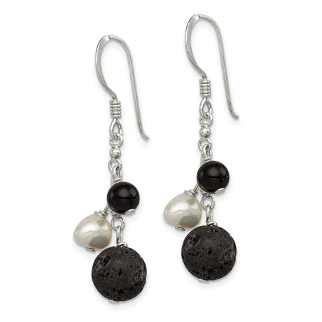 Sterling Silver Dangle Earrings with Freshwater Pearls and Agate, Boho Artisan Style